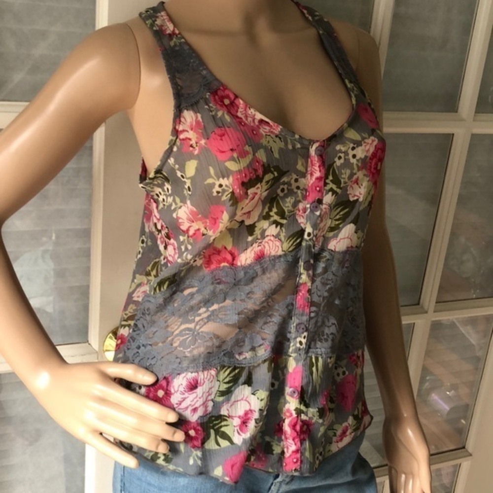 Kirra Grey/Pink floral sheer/lace summer top